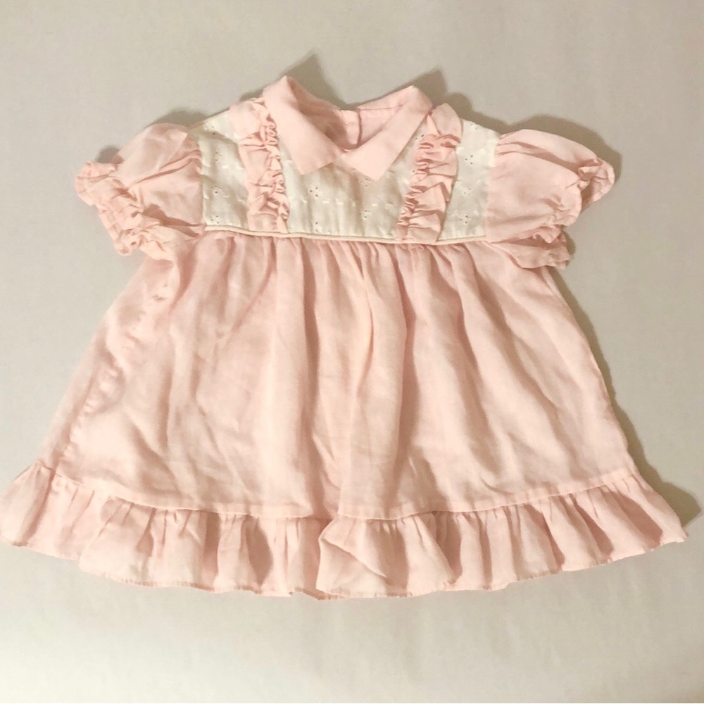 Vintage 70s Girls Blush Pink Ruffled Eyelet Baby Dress size 18 months
